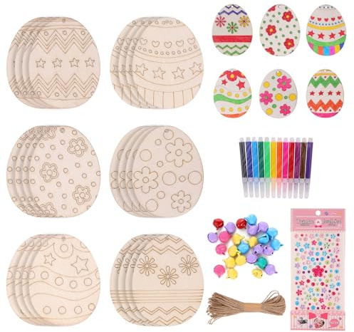 HBell Easter Wooden Crafts Wood Ornaments Kits,Easter Wooden Egg Crafts DIY Eggs Hanging Set for Kids Easter Party Supplies Kids Painting Arts Crafts Spring Home Garden Decor (Egg)