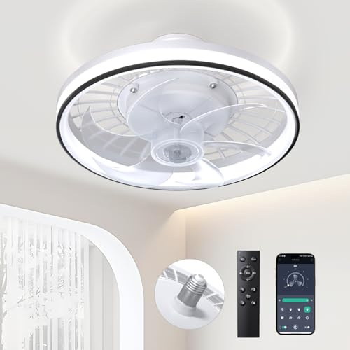 Biukis Ventilador de techo con luz: 3 colores Led dimming 4 velocidades regulable 33cm ventilador de techo con luz para Pequeño Dormitorio Garaje Trastero Cuarto de baño Cocina