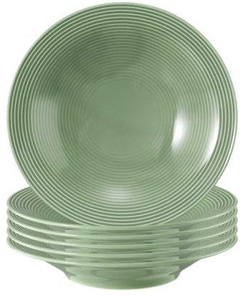 Seltmann Weiden Beat Color Glaze Suppenteller 6er Set, ø 22,5 cm, Tiefer runder Teller mit Rillenrelief, Porzellan, Salbeigrün