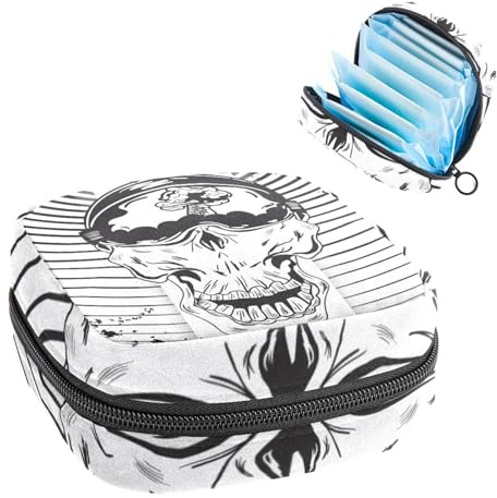 Aufbewahrungstasche für Damenbinden, Menstruationstasse, Tamponbeutel, Periodeneinlagen-Halter, Organizer für Frauen und Mädchen, schwarz-weiß, japanischer Totenkopf
