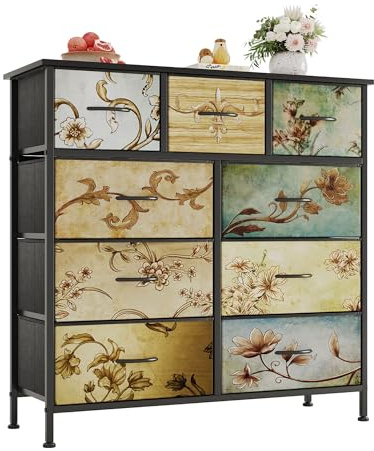 Flrrtenv Chest of Drawers Bedroom with 9 Drawers, Tall Fabric Dressers with Flower Printing, Dresser for Entryway Hallway Living Room, Closet Storage Drawer, Black Wooden Top