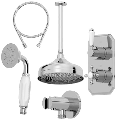 Baystone® Bathroom Thermostatic Mixer Shower with Round Rainfall Drencher Head Handset & Concealed Valve Ceiling Mounted Traditional, Chrome