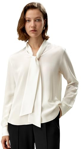 LilySilk Damen Reines Seidenhemd Seiden-Crêpe-de-Chine Bluse Mit Tiefem V-Ausschnitt und Schleifen-Detail Für Urlaub Party Arbeit Lässig(Papyrusweiß,S)