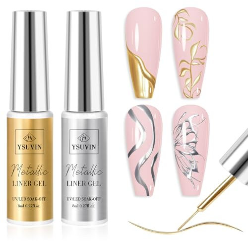 YSUVIN Metallic Painting Gel, 2 Farben Gold Silber Metallic Liner UV-Nagellack, Nail Art Gel Liner Mirror Effect Soak Off UV-Nagellack für Drawing Lines Nagel Design, 8 ML
