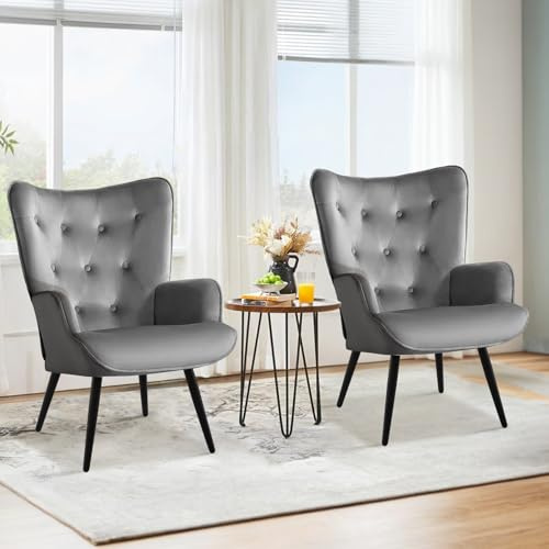 Ckaff Sessel Ohrensessel 2er Set, Relaxsessel aus Samt Lesesessel mit Hoher Rückenlehne Loungesessel Polstersessel mit Metallbeinen fürs Wohnzimmer Schlafzimmer Arbeitszimmer Gästezimmer, Grau