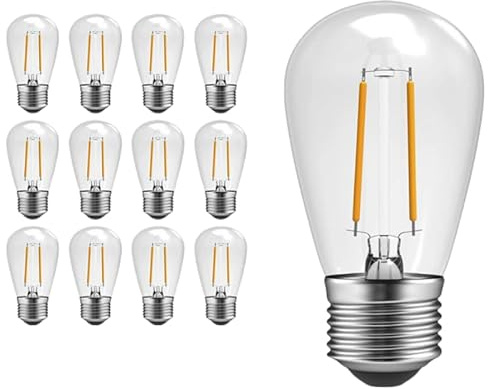 HAOJU 12 Pack 2W LED S14 Replacement Light Bulbs, IP65 Waterproof Vintage Edison Bulbs for Outdoor Patio Backyard String Lights, E26 Regular Medium Screw Base, 2700K Warm White