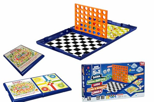 Giochi Riuniti 5 in 1 Mini Giochi Raccolta Giochi da Tavolo Forza 4 Gioco dell'Oca Dama Ludo Scale e Serpenti Valigetta Tabellone di Gioco Richiudibile Gioco da Tavolo di Società per tutta la Famiglia