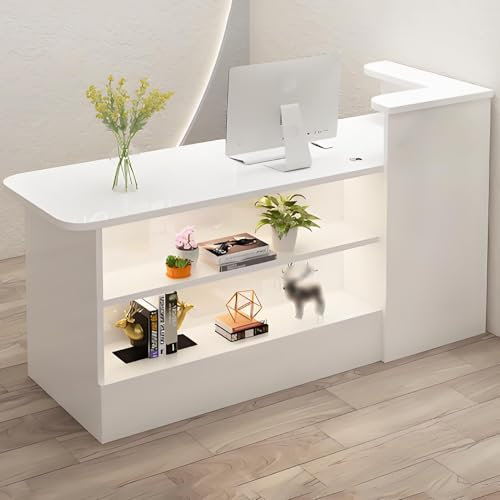 Snaweo Empfangstheke, Kleiner Empfangstresen, Rezeptionstheke, Rezeptionstisch mit LED-Leuchten und abschließbaren Schubladen, Verkaufstheke für Kasse, Verkaufstheke aus Holz(White L,120cm/47in)