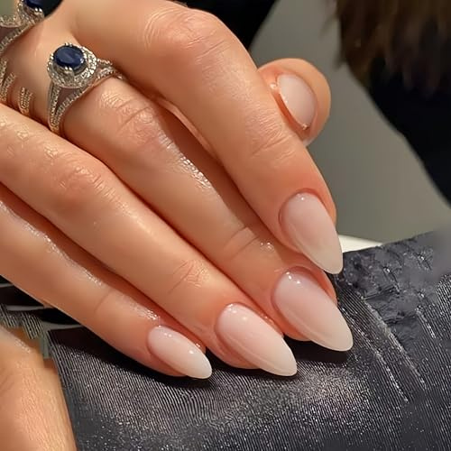 KQueenest Ombré Rosa Press On Nails Mittel Mandel - Acryl Nägel zum Aufkleben Französisch, Natürlich Fake Nails Fingernägel zum aufkleben, Glänzende Gel Full Cover Kunstnägel für Frauen 24 Stück