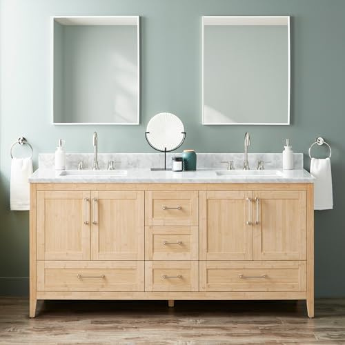 Signature Hardware 955154-72-RUMB-3 Arrietty 72 Freestanding Bamboo Double Basin Vanity Set with Cabinet, Vanity Top, and Rectangular Undermount Sinks - 8 Widespread Faucet Holes - Natural Bamboo /
