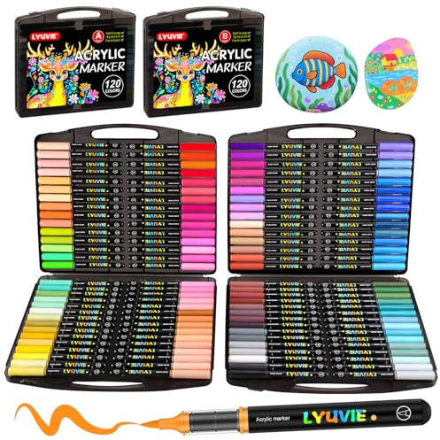 Lyuvie 120 Colores Rotuladores Acrilicos con Pincel a Base de Agua, Permanentes Acrylic Brush Markers para Pintar Piedras, Madera, Papel, Tela, Guijarros, Vidrio y Plástico