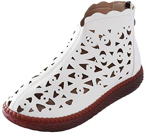 Bottines d'été élégantes creuses pour femme - Confortables et respirantes - Avec fermeture éclair - Couleur unie - Élégantes - En cuir - Chaussures orthopédiques, Blanc., 38 EU