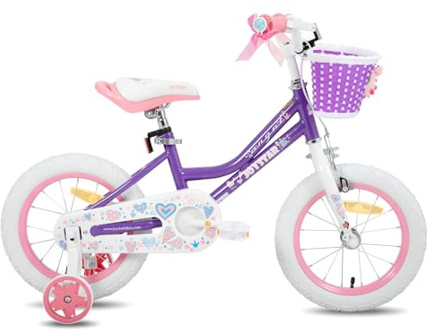 JOYSTAR - Cykel på 16 tum för flickor i åldrarna 4-7 år, 16-tums cykel för flickor med stabiliseringshjul och korg, lila