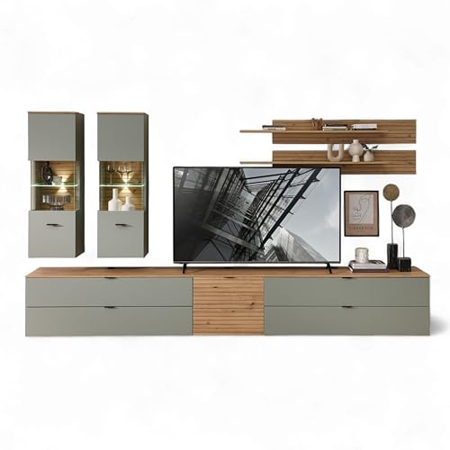 INA Wohnwand Komplett-Set Schilfgrün Artisan Eiche Optik mit LED | 340 x 185 x 44 cm (B/H/T), 7-teilige Schrankwand, FSC-zertifiziert, Wohnzimmer, Lamellenoptik, schwarze Metallgriffe