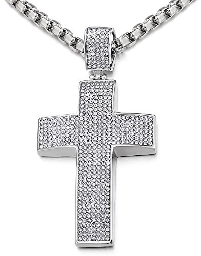 COOLSTEELANDBEYOND Grande Croce Collana con Pendente da Donna Uomo, Ciondolo Croce, Acciaio Inossidabile, con Zirconi, Catena Grano 75cm