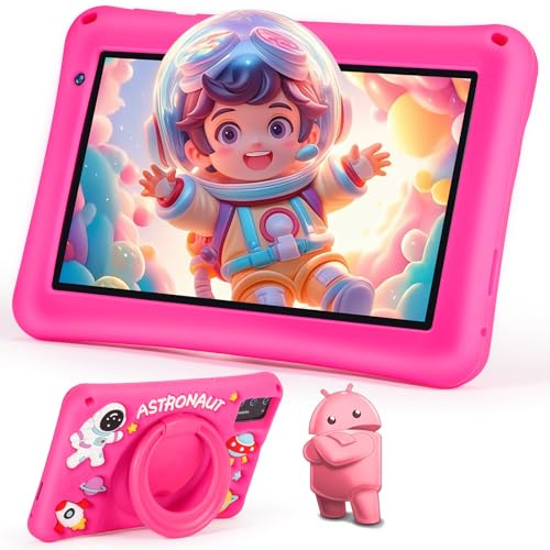 BRILLAR Kids Tablet 7 Inch, Android 13 Tablet for Kids, 8GB+64GB (256 GB Expandable), Octa-Core, 5MP+8MP, WiFi 6, Type-C for Girls 3-12, Kid-Proof Case (Pink)