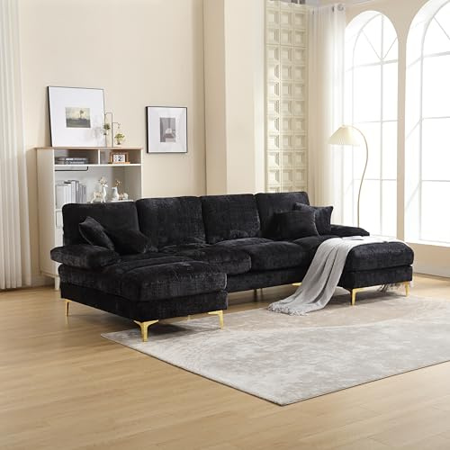 U‑Shaped Sectional Sofa with Adjustable Split Cushions and Plush Chenille Upholstery,High‑Resilience Foam Seats,Double Chaise Lounger with Golden Iron Feet and Plywood Frame for Home Office (Black)