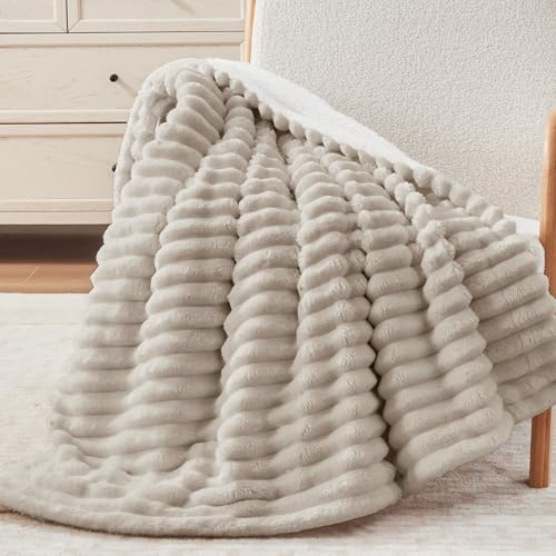 Vielit Sherpa Decke, Dicke Kuscheldecke Flauschig 220x240 cm XXL, Extra Weich Cord Decke Beige Camel Sofadecke überwurf, Große wohn- & kuscheldecken