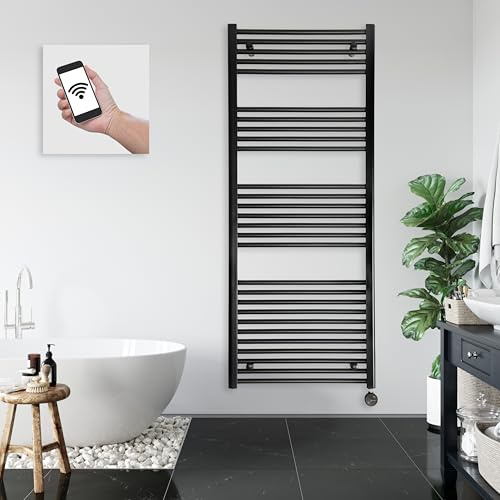 anapont WLAN- & Bluetooth elektrischer Badheizkörper 1475x600 schwarz | Handtuchheizkörper mit Thermostat & Timer | 1000 W | IPX5 | Made in Germany,