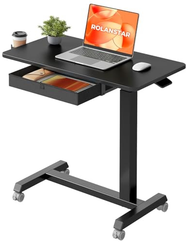 Rolanstar Beistelltisch mit Rollen, Laptoptisch Höhenverstellbar mit Schublade, Betttisch auf Rollen mit Getränkehalter für Sofa, Bett & Lesestunden (Schwarz)