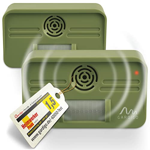GARDIGO® Hunde- und Katzenabwehr - 2er Set I Hundeschreck und Katzenschreck für Garten I Ultraschall Tiervertreiber I 70° Erfassungswinkel, 7m Reichweite I Gegen Hunde und gegen Katzen I Tierabwehr