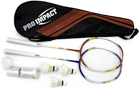 Pro Impact Badminton Racket Set - Aluminum Head with Steel Shaft - Includes Lightweight Rackets & Feather Shuttlecocks with Carrying Case - Outdoor Games for Adults and Family