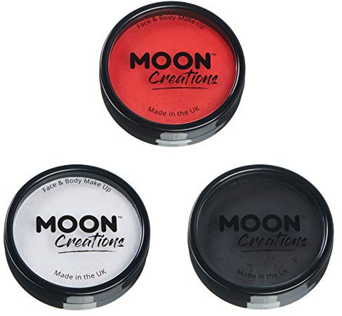Moon Creations Pro Gesichts- und Körper-Make-up, professionelle Farbfarben-Kuchentöpfe für Gesichtsfarbe, Kostüme, Feste, Halloween für Kinder, Erwachsene (helles Rot, Weiß, Schwarz)