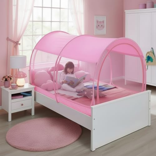 Alvantor® Mosquito Net Bed Canopy Tents Dream Privacy Space Twin Size Sleeping Tents Indoor Pop Up Portable Frame Breathable Cottage Pink (Mattress Not Included)