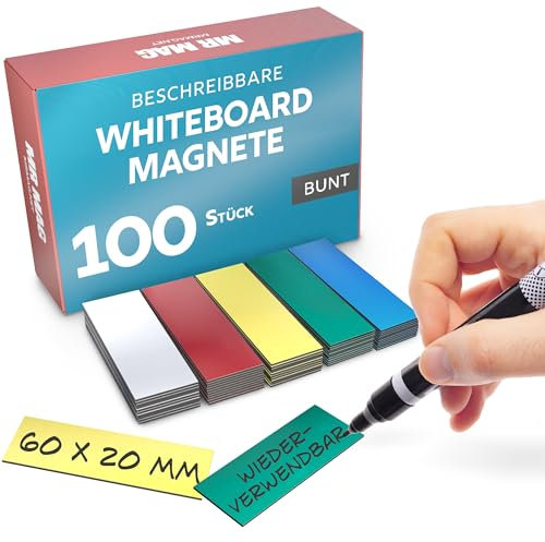 MrMag® 100 Magnetstreifen zum beschriften - bunt - Whiteboard Magnete 60x20mm - Magnet-Etiketten beschreibbar - beschreibbare Magnetschilder