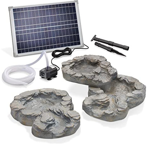 esotec Solar Bachlaufschalenset für Gartenteich Komplettset, 3 Bachlaufschalen, Teichpumpe, Naturstein Optik, Erdspieß, Solarmodul, Solarbrunnen Wasserspiel, Vogeltränke Wasserfall, 101310