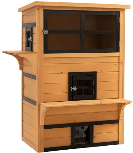 PawHut 3-Story Cat House Outdoor Cat Condo with Asphalt Roof Yellow
