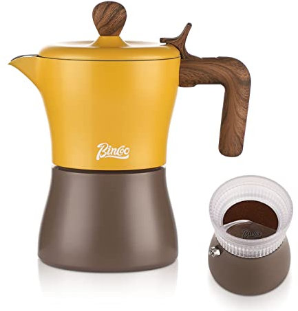 Bincoo Moka Pot Stovetop Espresso Maker 3 Cup, 5oz Stove Top Coffee Maker with Dosing Ring Dispenser,Single Valve Moka Pot for Home Office(Yellow)