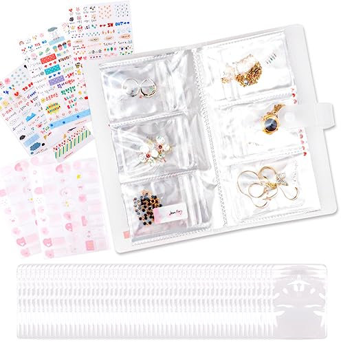 LZYMSZ Livre de Rangement Transparent pour Bijoux, d'organisation 84 Emplacements avec 50 Sacs Ziplock et Autocollants DIY, Album de Présentation de Bijoux en PVC anti-oxydation pour Bagues Colliers