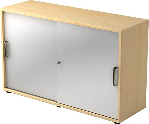 bümö Schiebetürenschrank 2OH - Aktenschrank abschließbar, Sideboard Schrank mit Schiebetüren in Ahorn/Silber, Streifengriff - Büroschrank aus Holz mit Schiebetür, Büro Kommode für Ordner & Co.