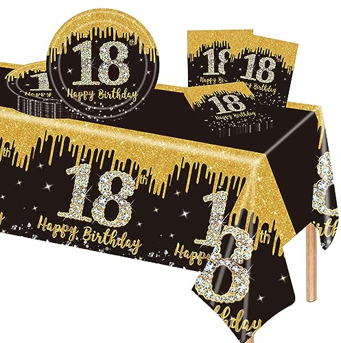 POPOYU 37Pcs Black and Gold 18th Birthday Tableware Set,Black Gold Table Cloth,18th Birthday Plates and Napkins Sets,18thBirthday Decorations for Men,Women,Him,Her BirthdayGifts Party Supplies