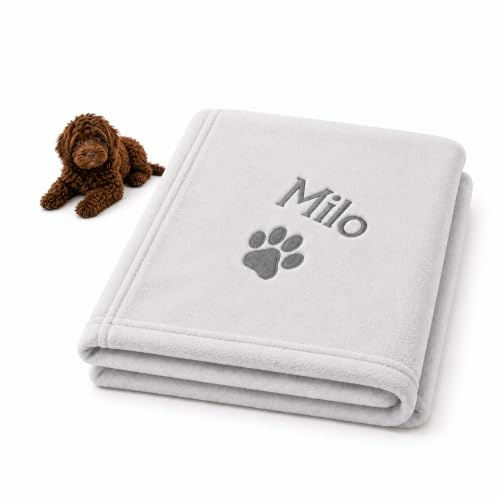 Lobeko Personalised Dog Blanket with Name, Puppy Gift, Washable Fleece | 75 x 100cm, custom name and paw print embroidery, soft anti-pill fleece, machine washable, 4 colour options