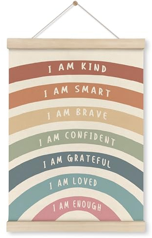 HRQKO I Am Kind Smart Inspirational Poster Hanger Frame, Boho Rainbow Wall Art with Wooden Frames, Positive Affirmation Hanging Banner Decor for Nursery Toddler Room, Mental Health Decor, 12x16 inch