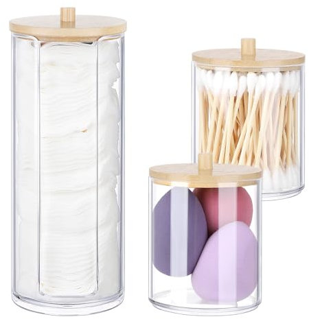Xialvyu 3 Pcs Cotton Pad holder, Cotton Bud holder with Wood Lids, Dust-proof and Moisture-proof Cotton Pad Dispenser, Cotton Pads Holder for Bathroom Vanity Bedroom Cosmetic Cotton Bud Organizer