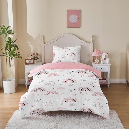 MUSOLEI Rainbow Bedding Set Single, White and Pink Lovely Kids Duvet Cover Sets for Boys Girls, Colorful Microfibre Quilt Cover 135X200cm with Pillowcase 50x75cm