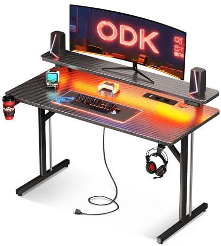 ODK Gaming Tisch, Kleiner Gaming Schreibtisch mit LED Beleuchtung, 100cm Computertisch mit Monitorablage, Carbon Fiber Schwarz PC Gamer Tisch