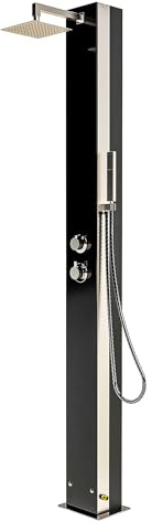 IDEAL Solardusche KUBA mit schwarzer Glasfront Edelstahl V2A poliert | Aluminium Wassertank 25 l | Kopf und Handduschfunktion | Unterseitiger Anschluss für Gardena- oder Flexschlauch 1,5 Zoll