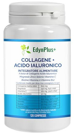 EdynPlus+ Collagene e Acido Ialuronico Idrolizzato Marino Vitamina A,B,C Zinco Biotina Selenio Magnesio 120 Compresse Alto Dosaggio Made in Italy