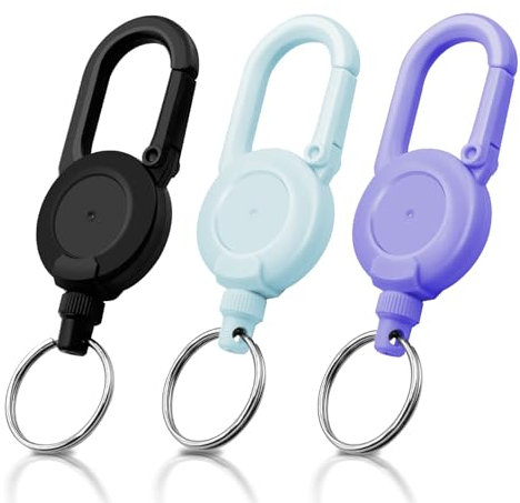 Schlüsselanhänger Ausziehbar 3 Stücke Schlüsselband Ausziehbar, Einziehbarer Schlüsselanhänger Ausweis JoJo mit 60cm Stahldrahtseil, Ausweishalter Ausziehbar mit Karabiner (Schwarz + Blau + Lila)