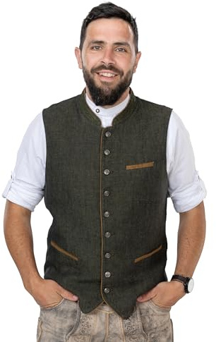 Schöneberger Costume tradizionale bavarese da uomo, colore verde oliva, gilet vintage per Oktoberfest, gilet in lino, pantaloni in pelle, verde oliva, 54