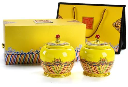 Chinese Ceramic Tea Caddy Set Vintage Double Jar Gift Box for Loose Tea Storage in Kitchen Home Countertop Retro Style Tea Storage Jar for Tea Lovers (A)