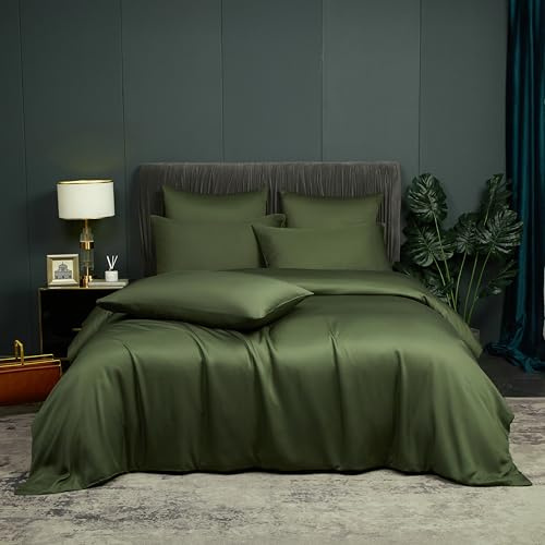 DXHOME Ropa de cama de bambú de 135 x 200 cm, color verde oliva, juego de cama de fibra de bambú, suave, liso y lujoso, ropa de cama de verano transpirable, refrescante, con cremallera y 1 funda de