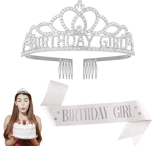 Hebterrka Geburtstagskrone Tiara mit Schärpe für Frauen und Mädchen, Strass Stirnband Set (Silber)