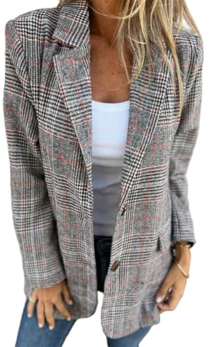 IDEALSANXUN Blazer da Donna in Tweed Autunno Inverno Casual Plaid Pied de Poule Blazer da Lavoro Giacche, Marrone, Medium