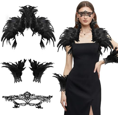 Federkragen Schwarzer, funkelnde Achselzucken, Federumhang Schwarz – Federkragen Schwarzer kostüm Damen mit Federmanschetten und Augenklappe – Halloween Karneval Cosplay Maskerade Maleficent Kostüm