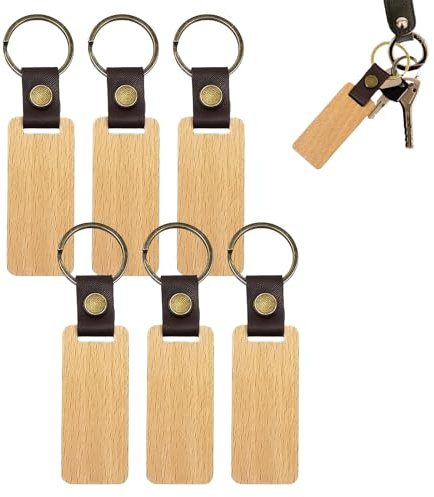 DHWEKU Porte-clés En Bois Naturel Vierge Porte-CléS en Bois 6 PièCes Ébauches de Porte Clés en Bois avec Bande de Cuir Bricolage Porte-CléS en Bois pour Bricolage Graver et Peindre, Artisanat Cadeau